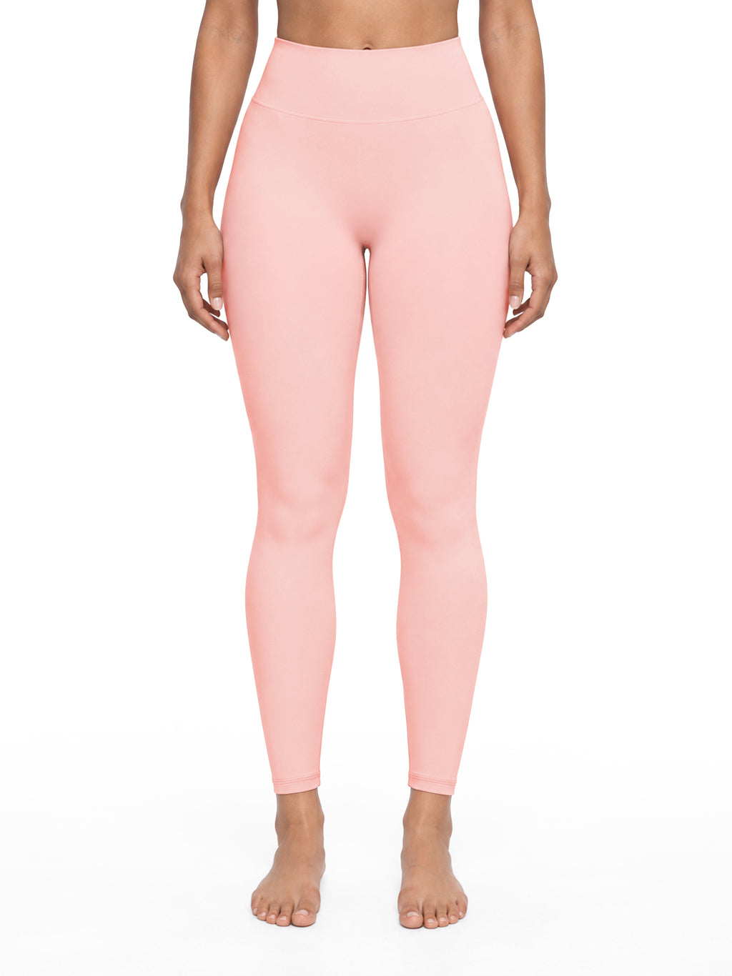 NO NOISE Poise High-Rise Leggings — Petal, pink, front view on a cropped model showing high waistband and full leg length.