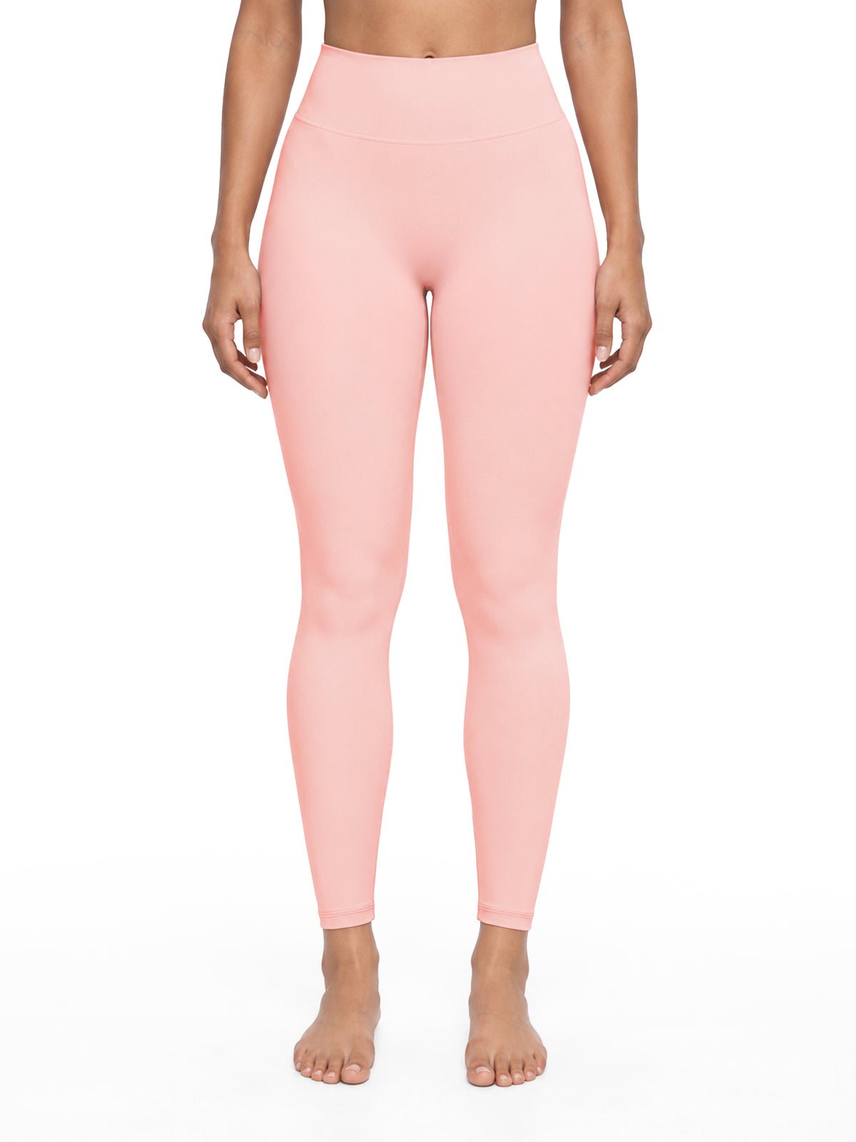 NO NOISE Poise High-Rise Leggings — Petal, pink, front view on a cropped model showing high waistband and full leg length.