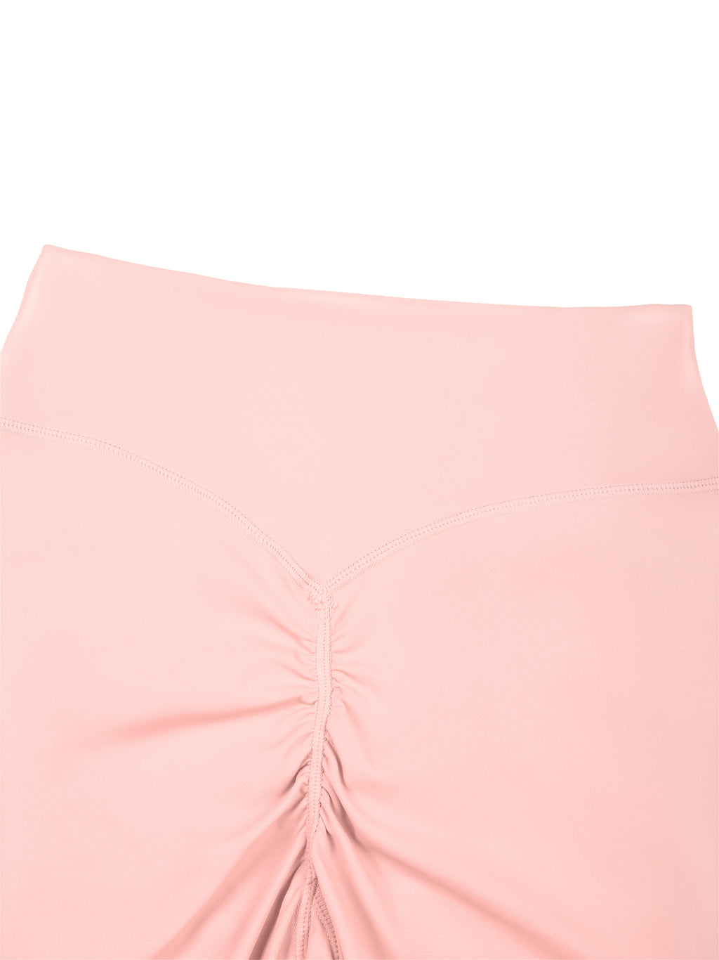 NO NOISE Poise High-Rise Leggings — Petal, close back view of the pink waistband and ruched seam.