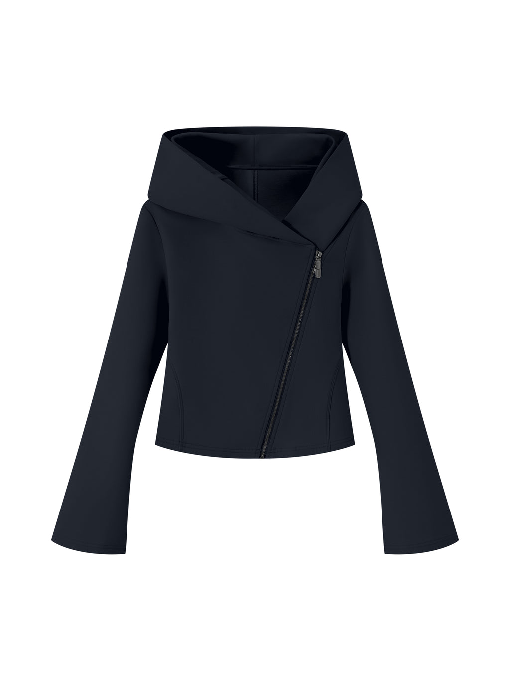 NO NOISE™ Navy asymmetric zip hoodie, shaped front view