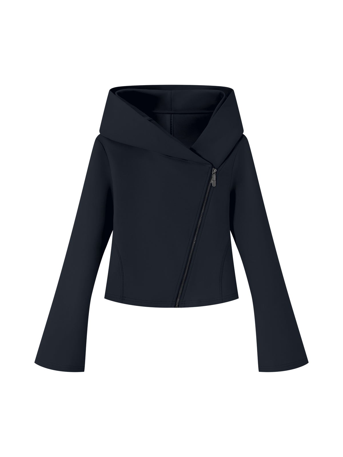 NO NOISE™ Navy asymmetric zip hoodie, shaped front view