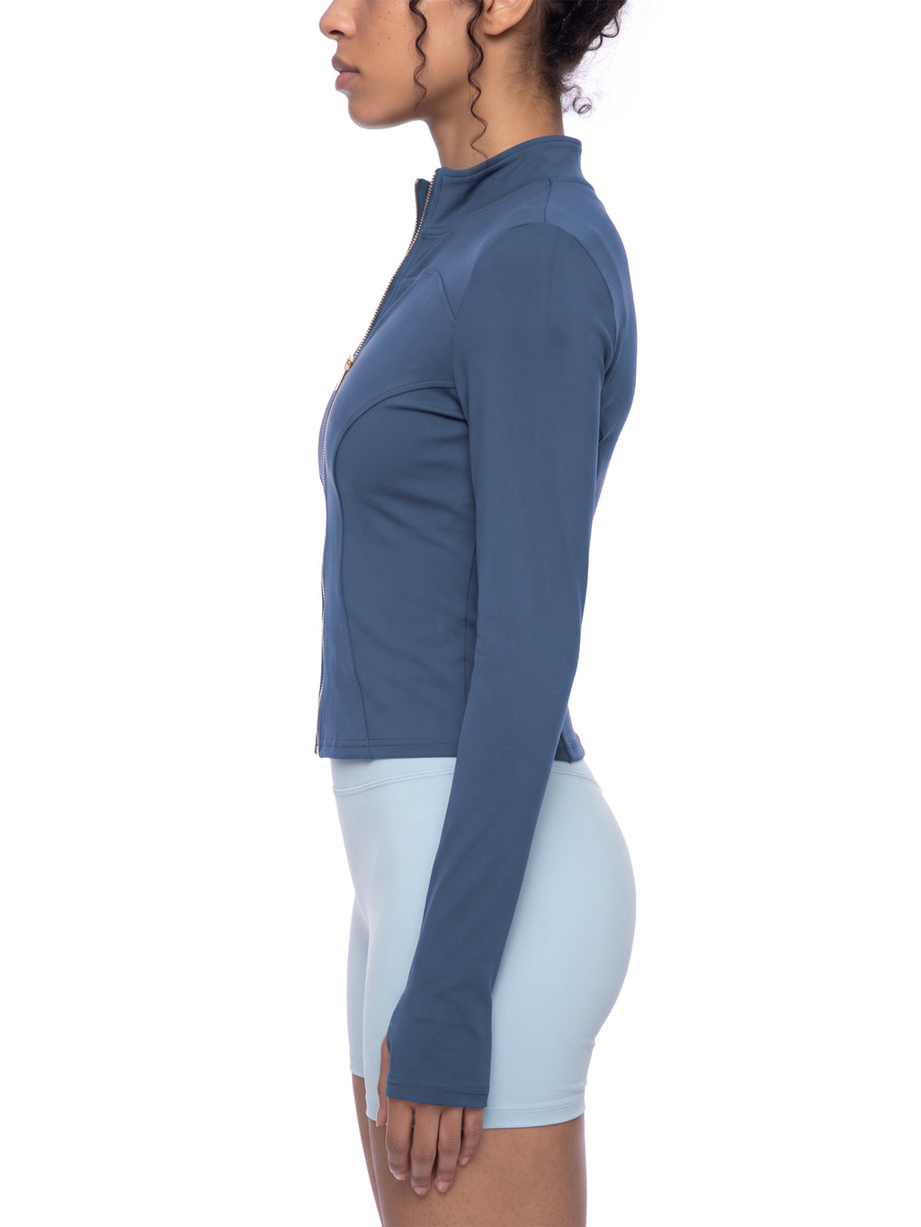 NO NOISE™ Navy paneled jacket on model, side