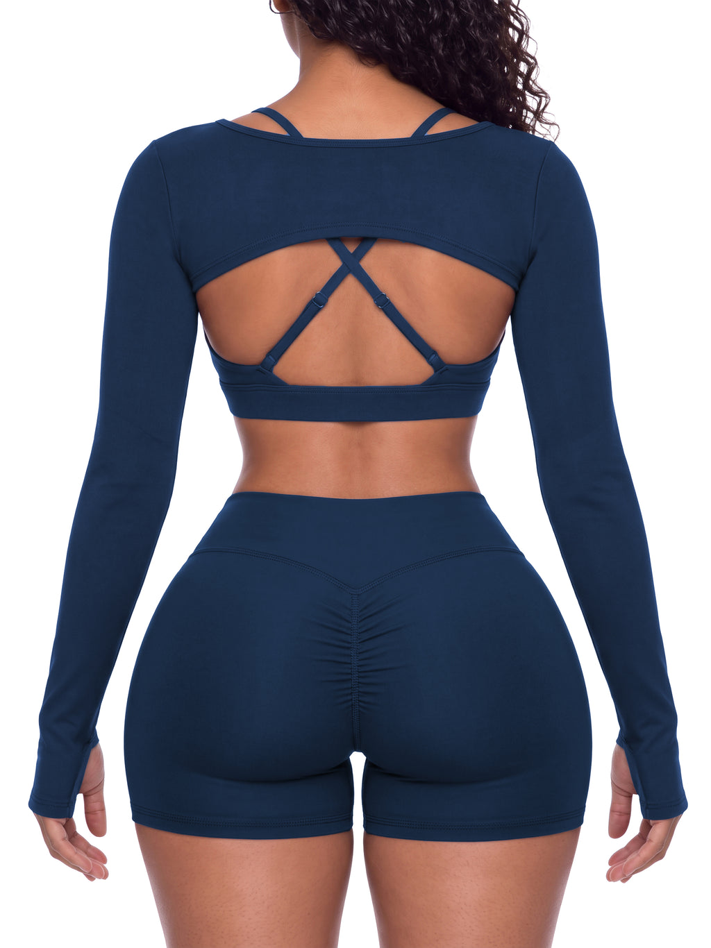NO NOISE™ Navy cutout shrug on model over sports bra, back