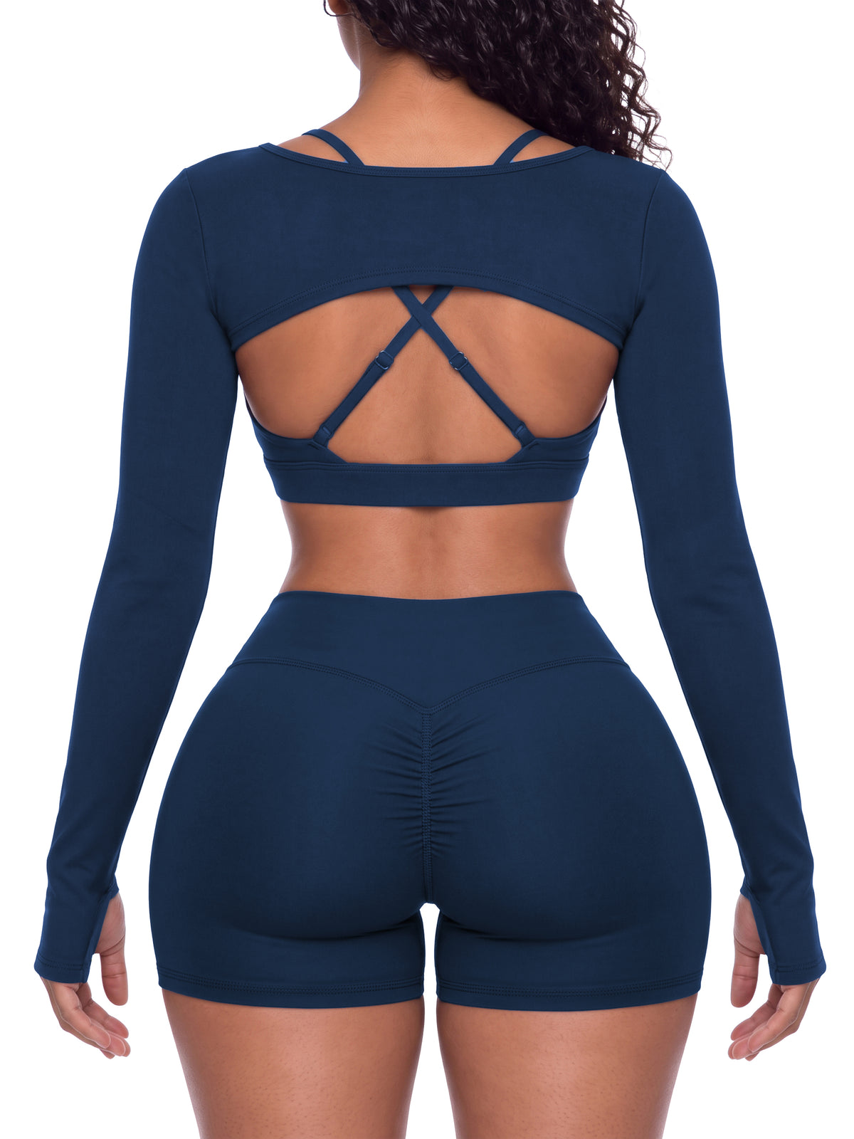 NO NOISE™ Navy cutout shrug on model over sports bra, back