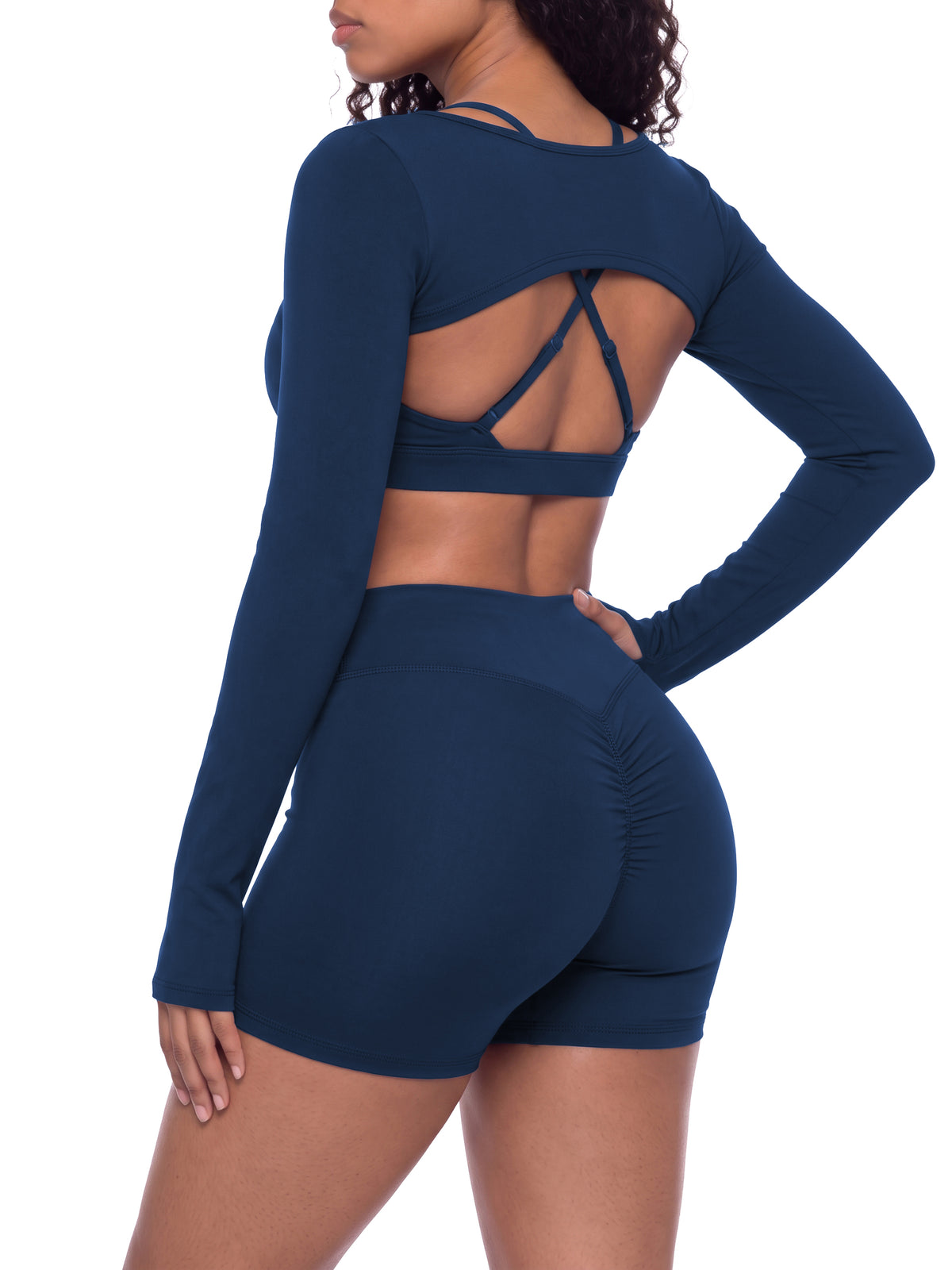 NO NOISE™ Navy cutout shrug on model over sports bra, three-quarter back
