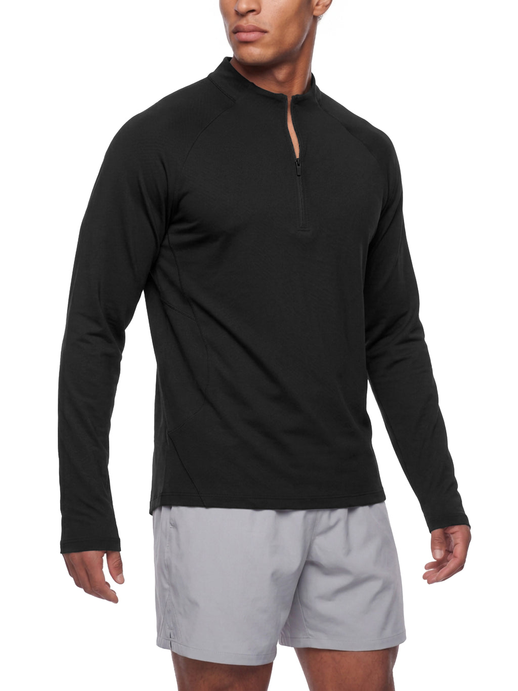 NO NOISE™ Black quarter-zip on model, front