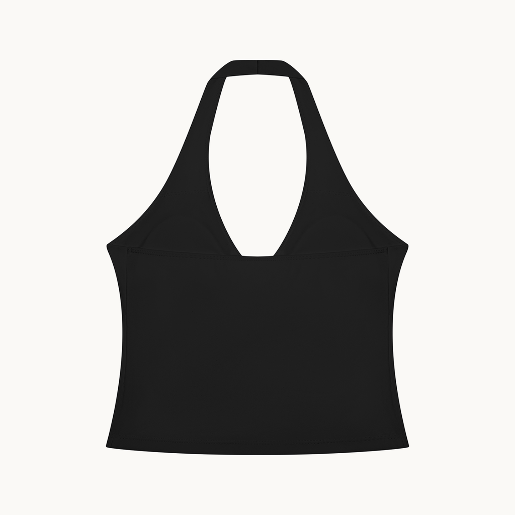 Muse Ruched Halter Top — Onyx, back view on warm ivory.