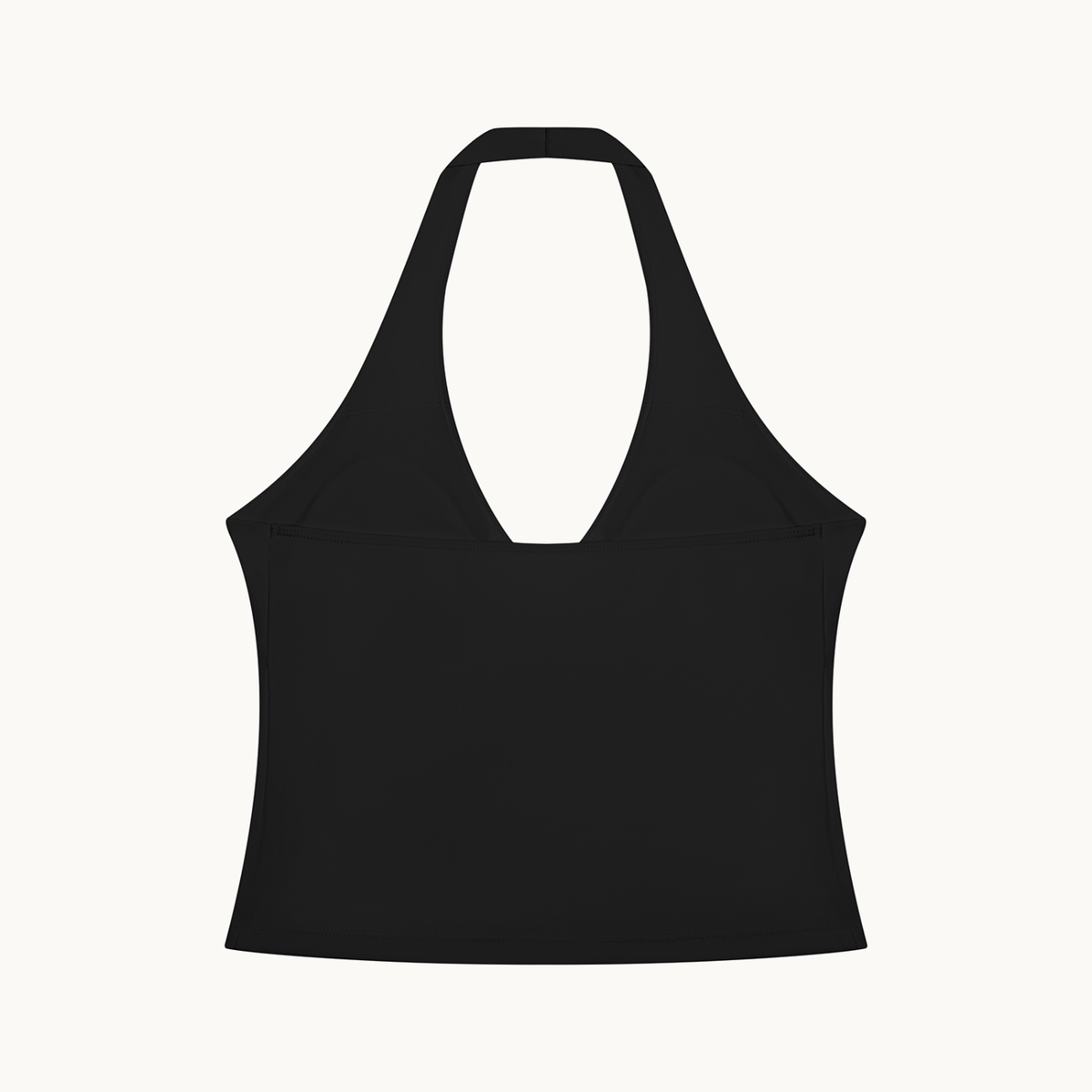 Muse Ruched Halter Top — Onyx, back view on warm ivory.