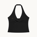 Muse Ruched Halter Top — Onyx, front view on warm ivory.