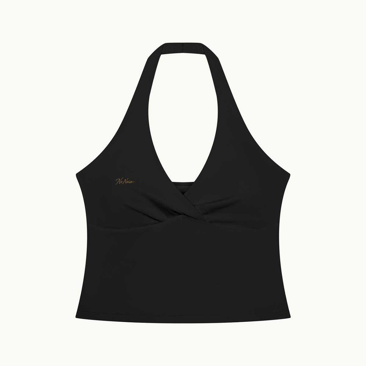 Muse Ruched Halter Top — Onyx, front view on warm ivory.