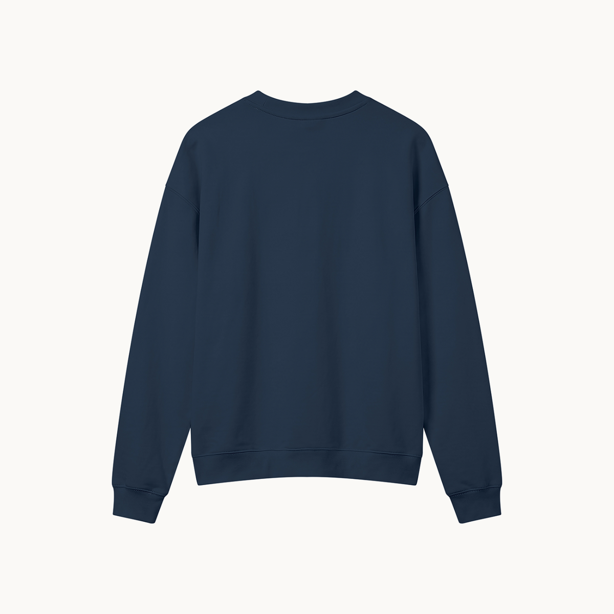 Collegiate Heavyweight Crewneck — Navy, navy blue, back view in dimensional product mockup