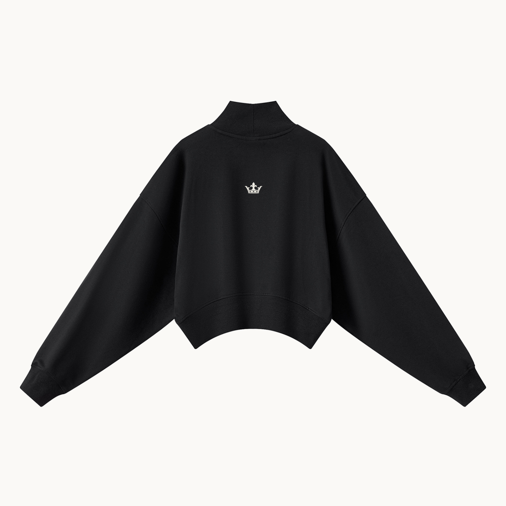 HER Collegiate Cropped Mock Neck — Onyx, black, back view in dimensional product mockup