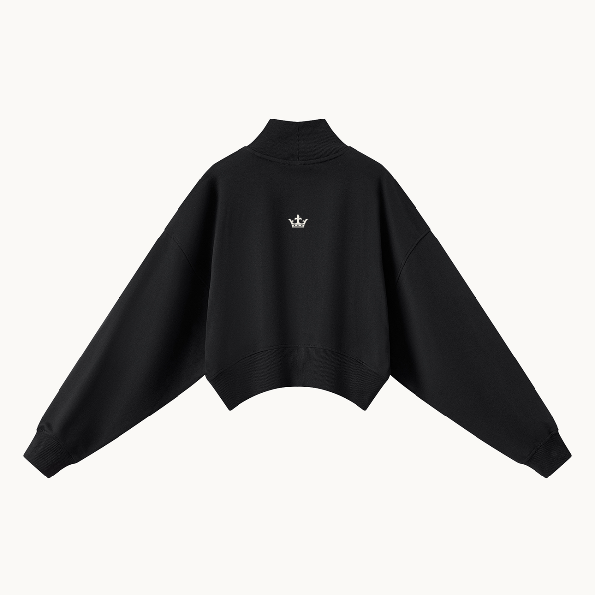 HER Collegiate Cropped Mock Neck — Onyx, black, back view in dimensional product mockup