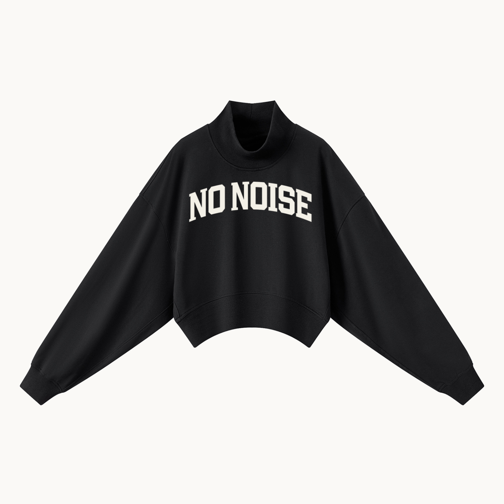 HER Collegiate Cropped Mock Neck — Onyx, black, front view in dimensional product mockup
