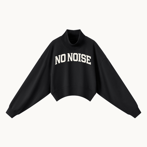 HER Collegiate Cropped Mock Neck — Onyx, black, front view in dimensional product mockup
