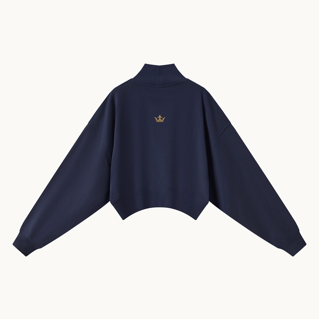 HER Collegiate Cropped Mock Neck — Navy, navy blue, back view in dimensional product mockup