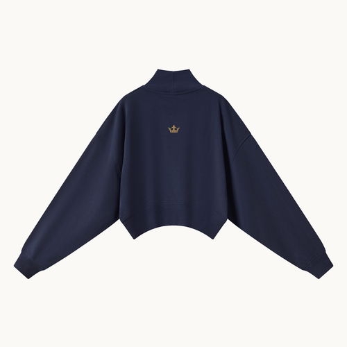HER Collegiate Cropped Mock Neck — Navy, navy blue, back view in dimensional product mockup