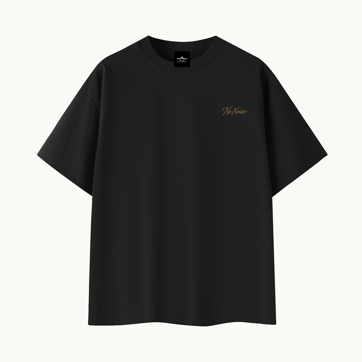 Essential Signature Tee, black, front view in dimensional product mockup