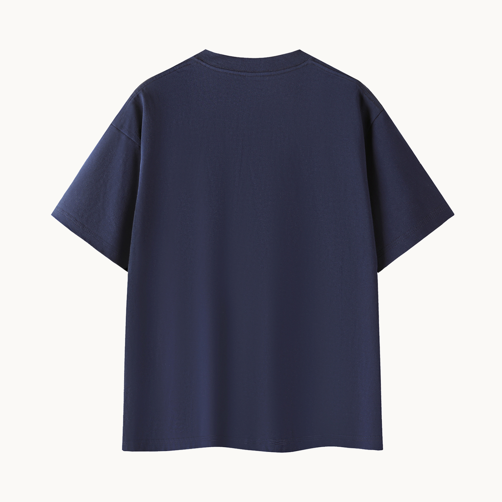 Essential Signature Tee, navy blue, back view in dimensional product mockup