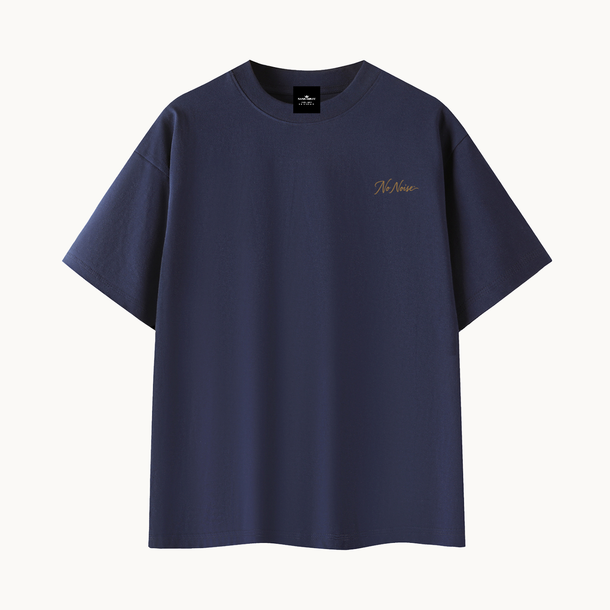 Essential Signature Tee, navy blue, front view in dimensional product mockup