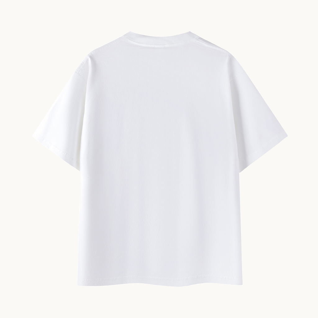 Essential Signature Tee, white, back view in dimensional product mockup