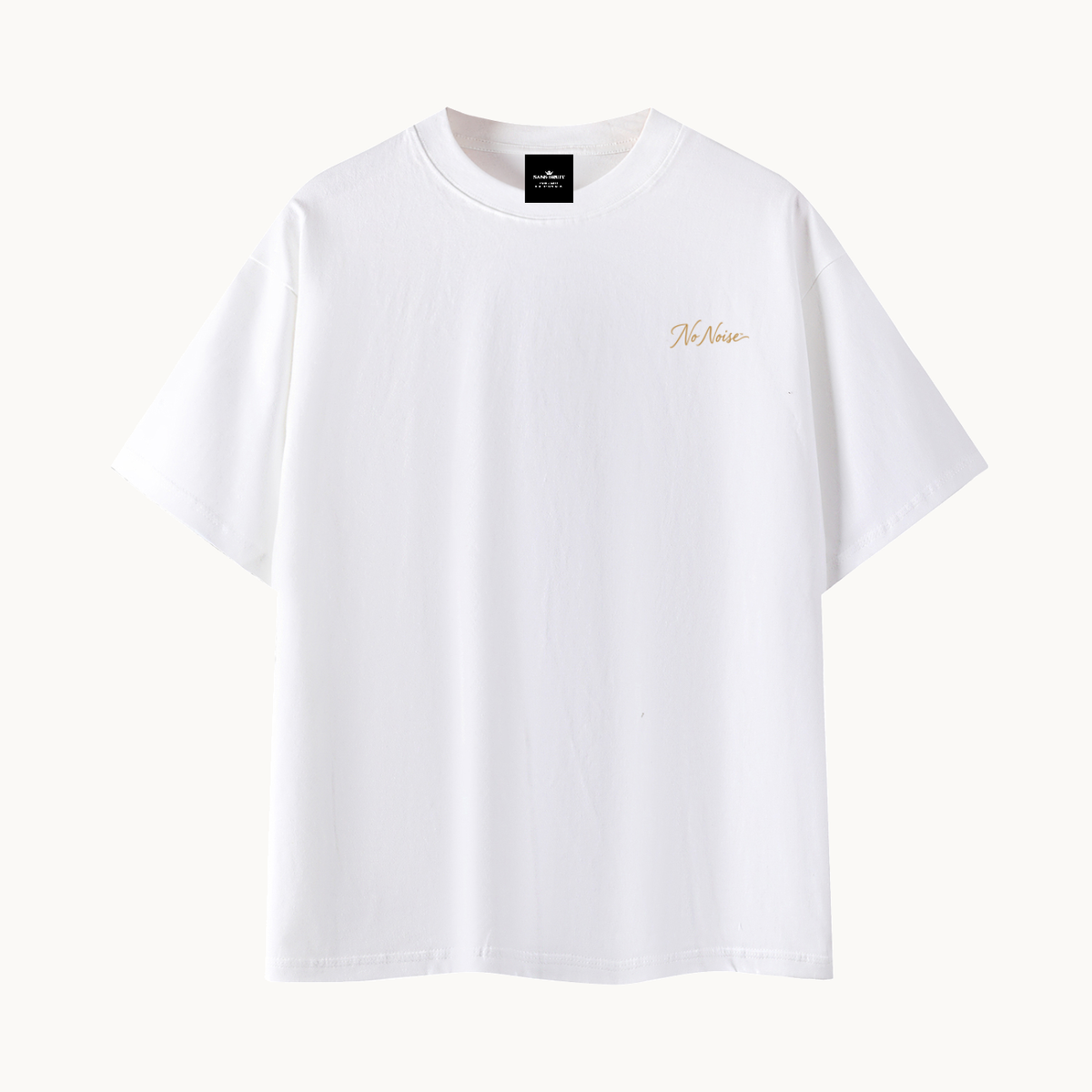 Essential Signature Tee, white, front view in dimensional product mockup