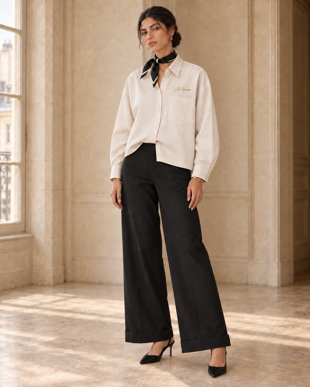 AI styling illustration of the Sans Bruit Crown striped shirt with a subtle front tuck, styled for HER with black trousers and a neck scarf in a Paris interior.