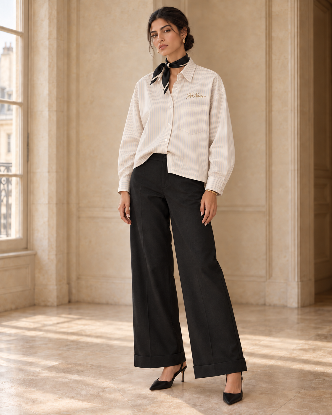 AI styling illustration of the Sans Bruit Crown striped shirt with a subtle front tuck, styled for HER with black trousers and a neck scarf in a Paris interior.