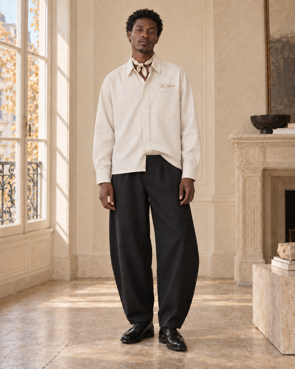 AI styling illustration of the Sans Bruit Crown striped shirt with a subtle front tuck, styled for HIM with black trousers and a neck scarf in a Paris interior.