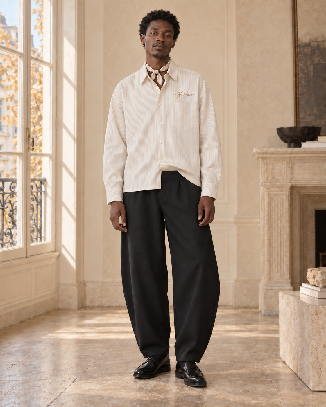 AI styling illustration of the Sans Bruit Crown striped shirt with a subtle front tuck, styled for HIM with black trousers and a neck scarf in a Paris interior.