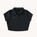 NO NOISE™ SILENT CODE CROPPED POLO — product view on warm ivory.