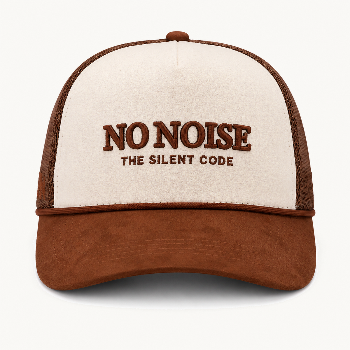 Desert Code Trucker Hat — Bone/Brown — product view on warm ivory.