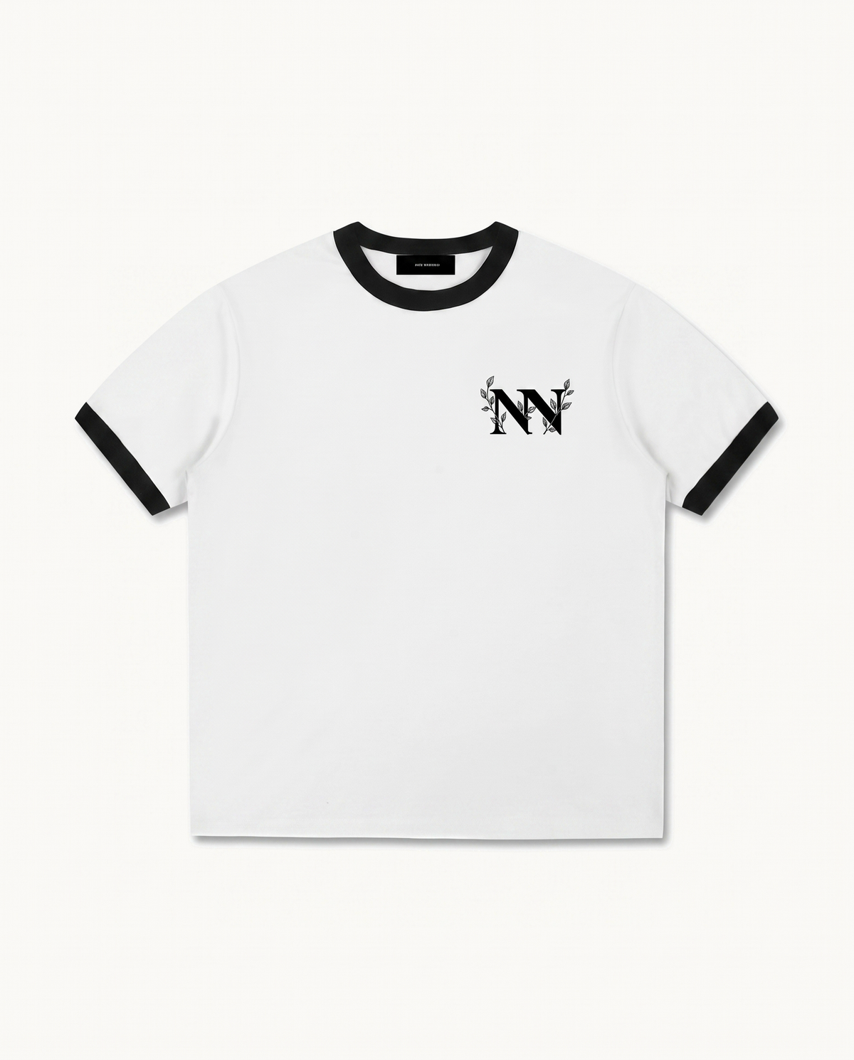NO NOISE™ 001 BOTANICAL RINGER TEE — product view on warm ivory.