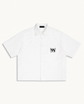 NO NOISE™ 001 BOTANICAL CAMP SHIRT — WHITE — product view on warm ivory.