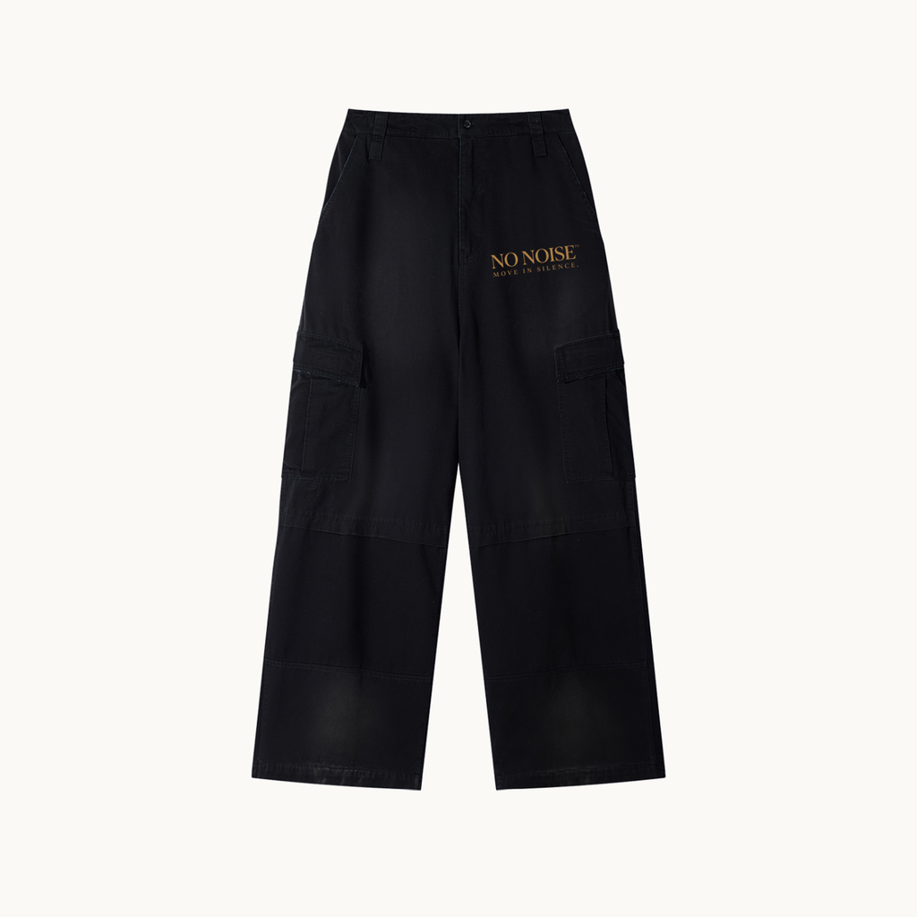 NO NOISE™ 001 WIDE LEG CARGO PANT — BLACK — product view on warm ivory.