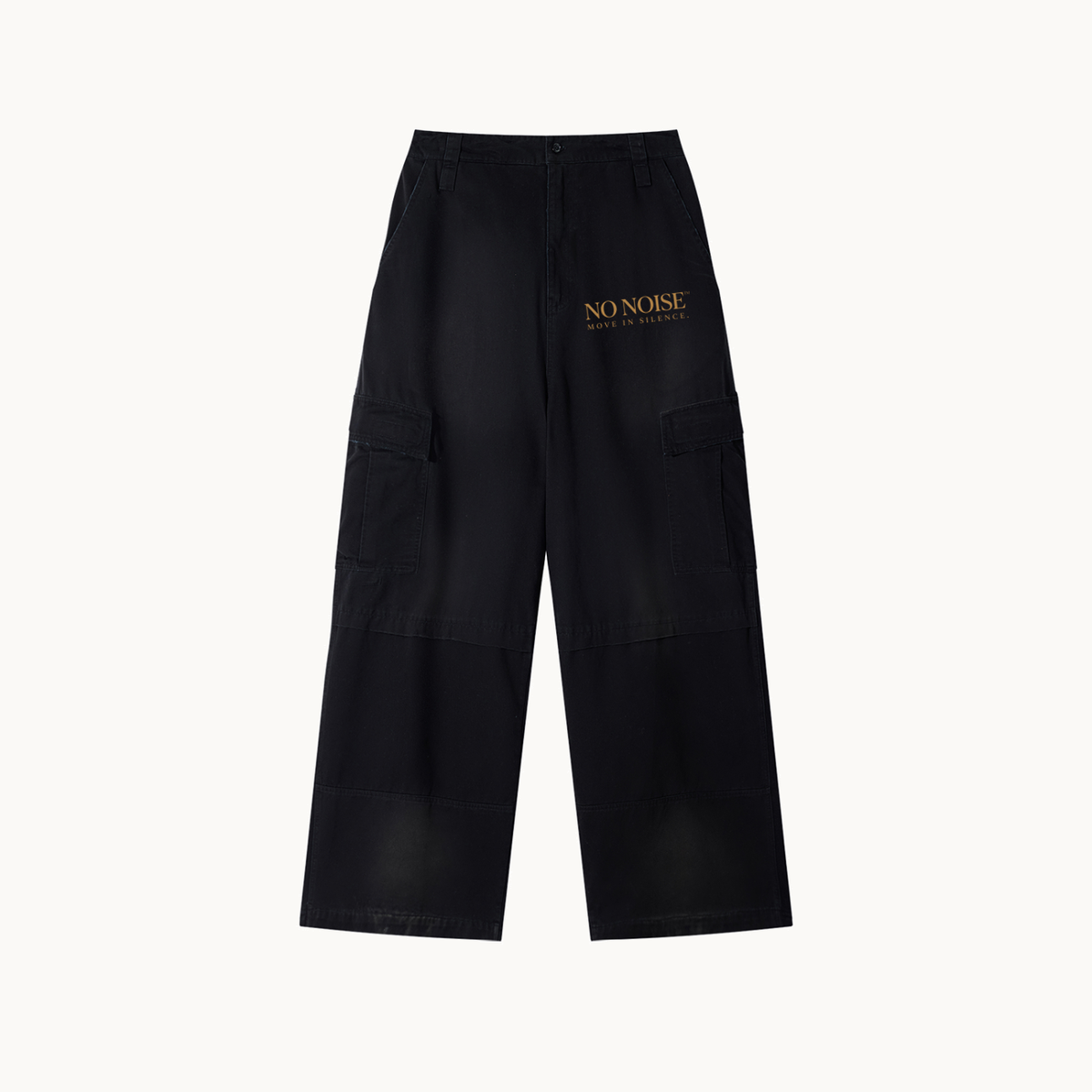 NO NOISE™ 001 WIDE LEG CARGO PANT — BLACK — product view on warm ivory.