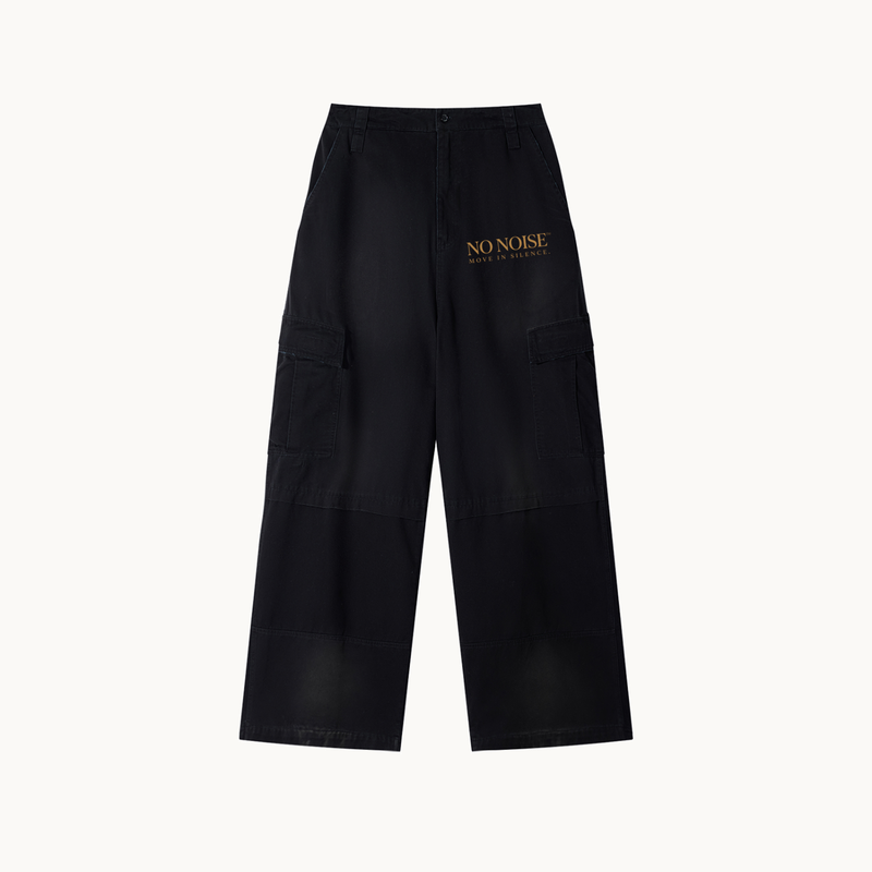 NO NOISE™ 001 WIDE LEG CARGO PANT — BLACK — product view on warm ivory.