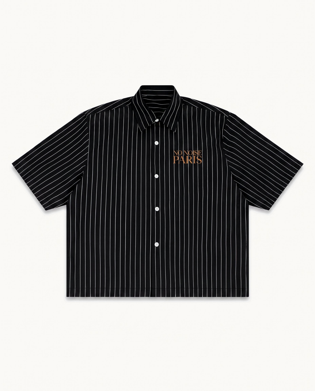 NO NOISE™ CHAPTER 001 PARIS STRIPE CODE BOXY SHIRT — BLACK — product view on warm ivory.