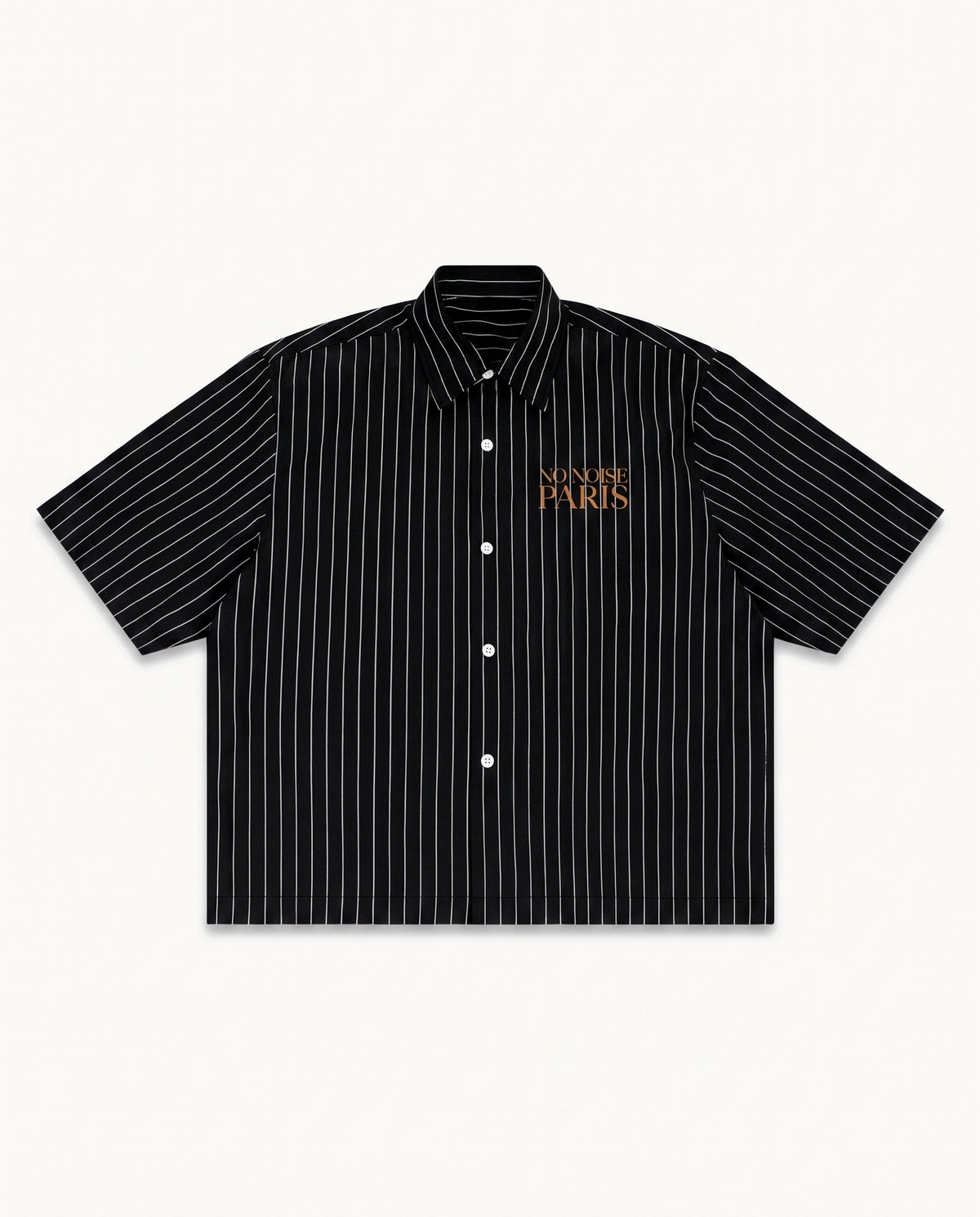 NO NOISE™ CHAPTER 001 PARIS STRIPE CODE BOXY SHIRT — BLACK — product view on warm ivory.
