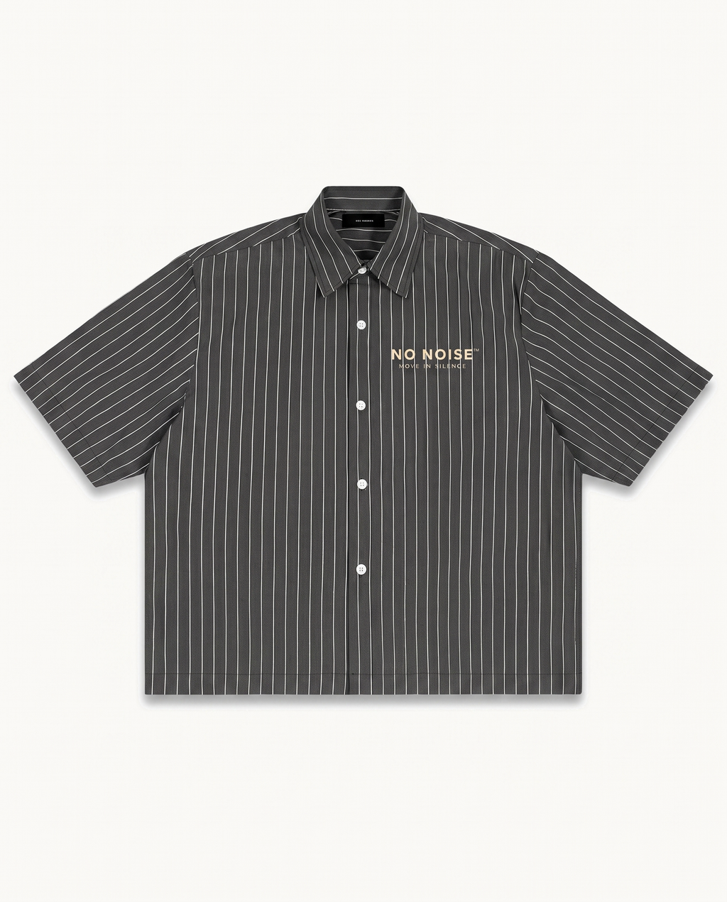 NO NOISE™ MOVE IN SILENCE STRIPE CODE BOXY SHIRT — CHARCOAL — product view on warm ivory.