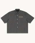 NO NOISE™ MOVE IN SILENCE STRIPE CODE BOXY SHIRT — CHARCOAL — product view on warm ivory.
