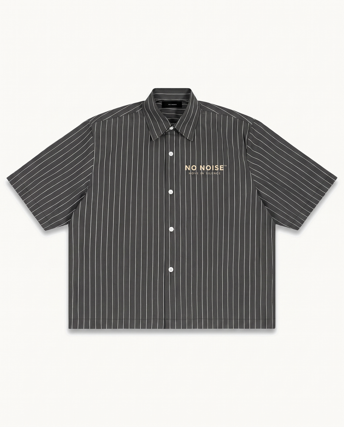 NO NOISE™ MOVE IN SILENCE STRIPE CODE BOXY SHIRT — CHARCOAL — product view on warm ivory.
