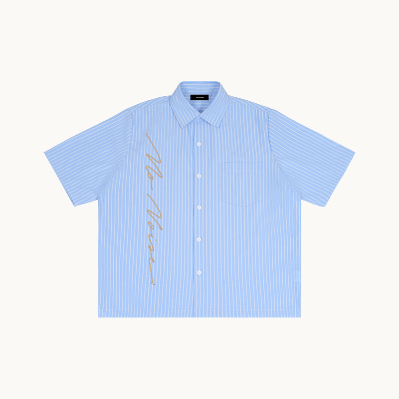 NO NOISE™ THE QUIET SIGNATURE STRIPE SHIRT — POWDER BLUE — product view on warm ivory.