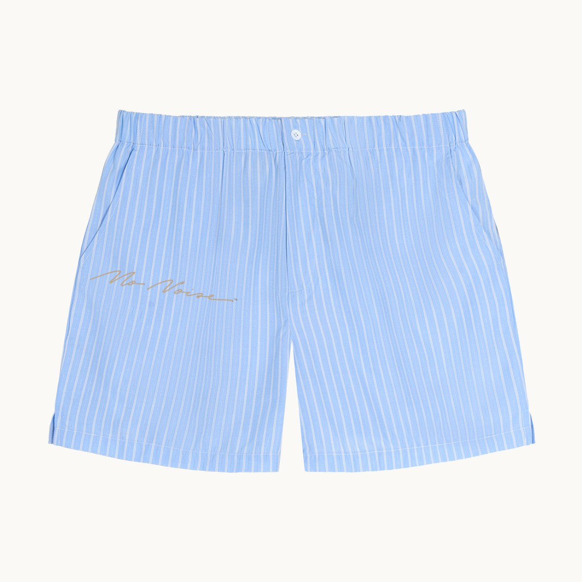 NO NOISE™ THE QUIET SIGNATURE SHORT — POWDER BLUE — product view on warm ivory.