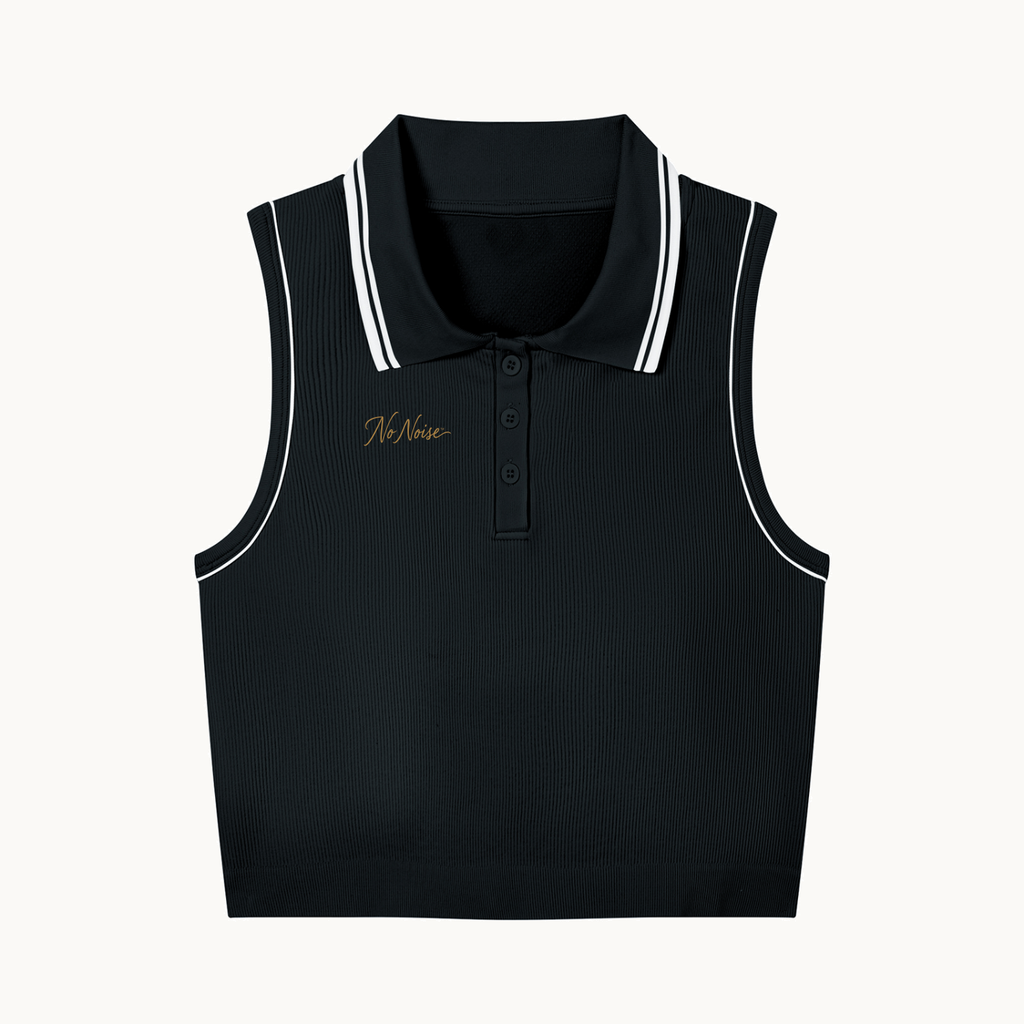 THE COURT POLO — BLACK — product view on warm ivory.
