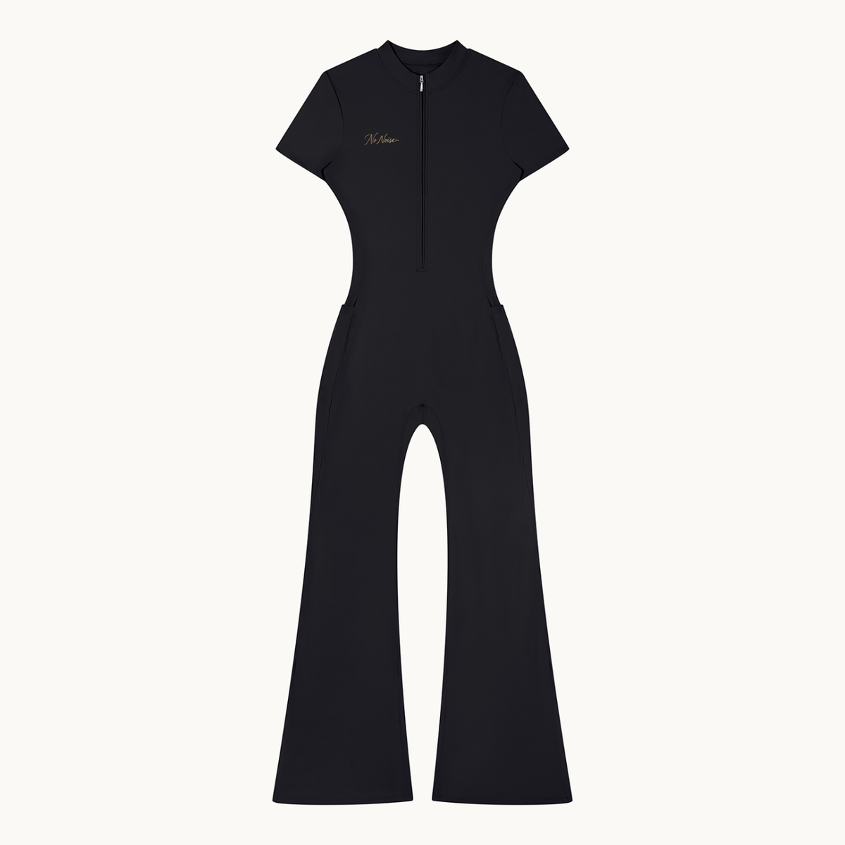 MOTION FLARE JUMPSUIT — product view on warm ivory.