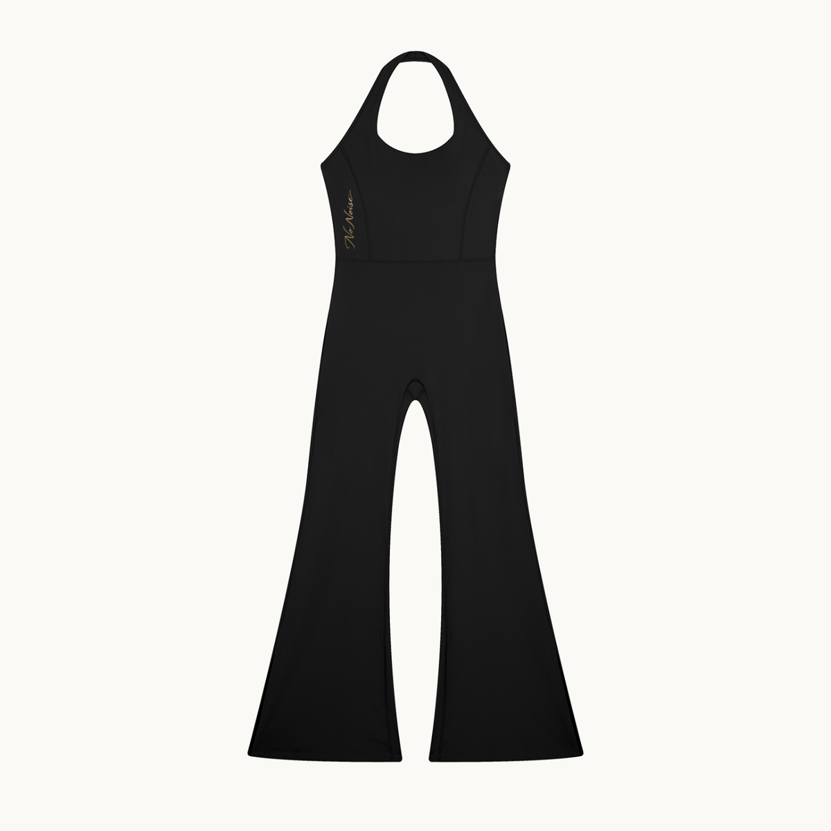 MOTION HALTER JUMPSUIT — OBSIDIAN — product view on warm ivory.