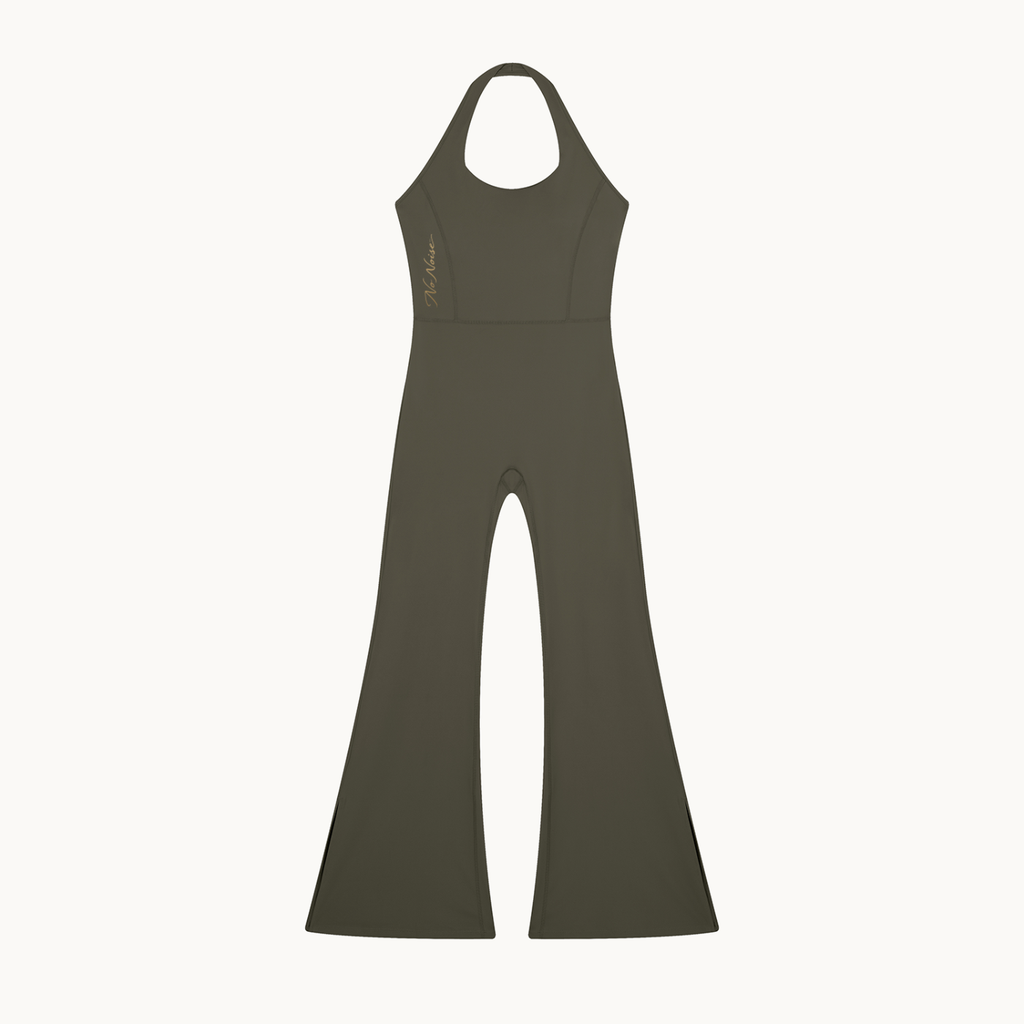 MOTION HALTER JUMPSUIT — ARMY GREEN — product view on warm ivory.