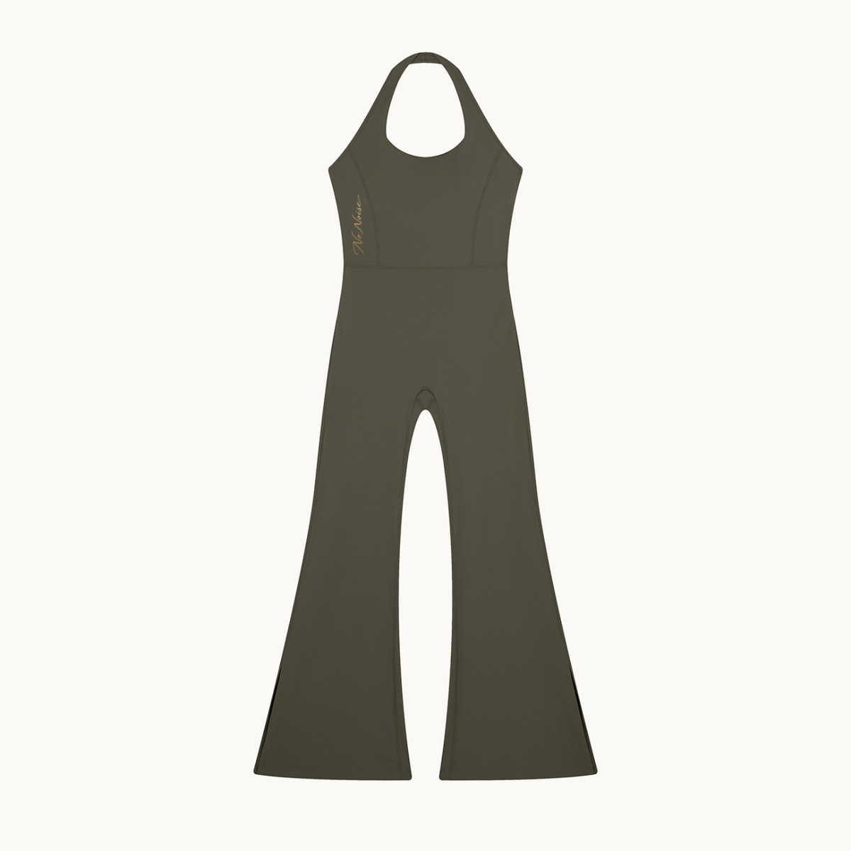 MOTION HALTER JUMPSUIT — ARMY GREEN — product view on warm ivory.