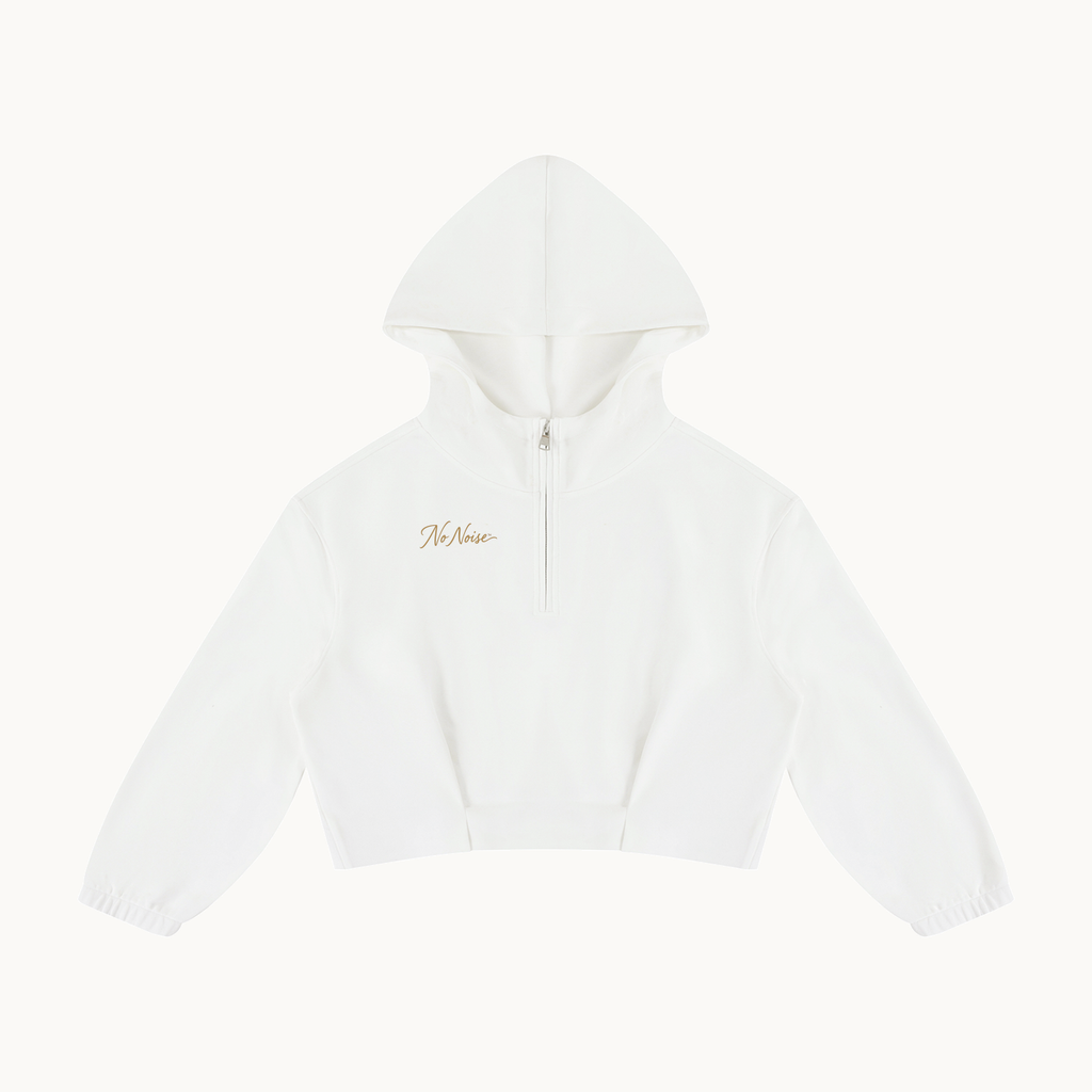 MOTION BOXY QUARTER-ZIP HOODIE — product view on warm ivory.
